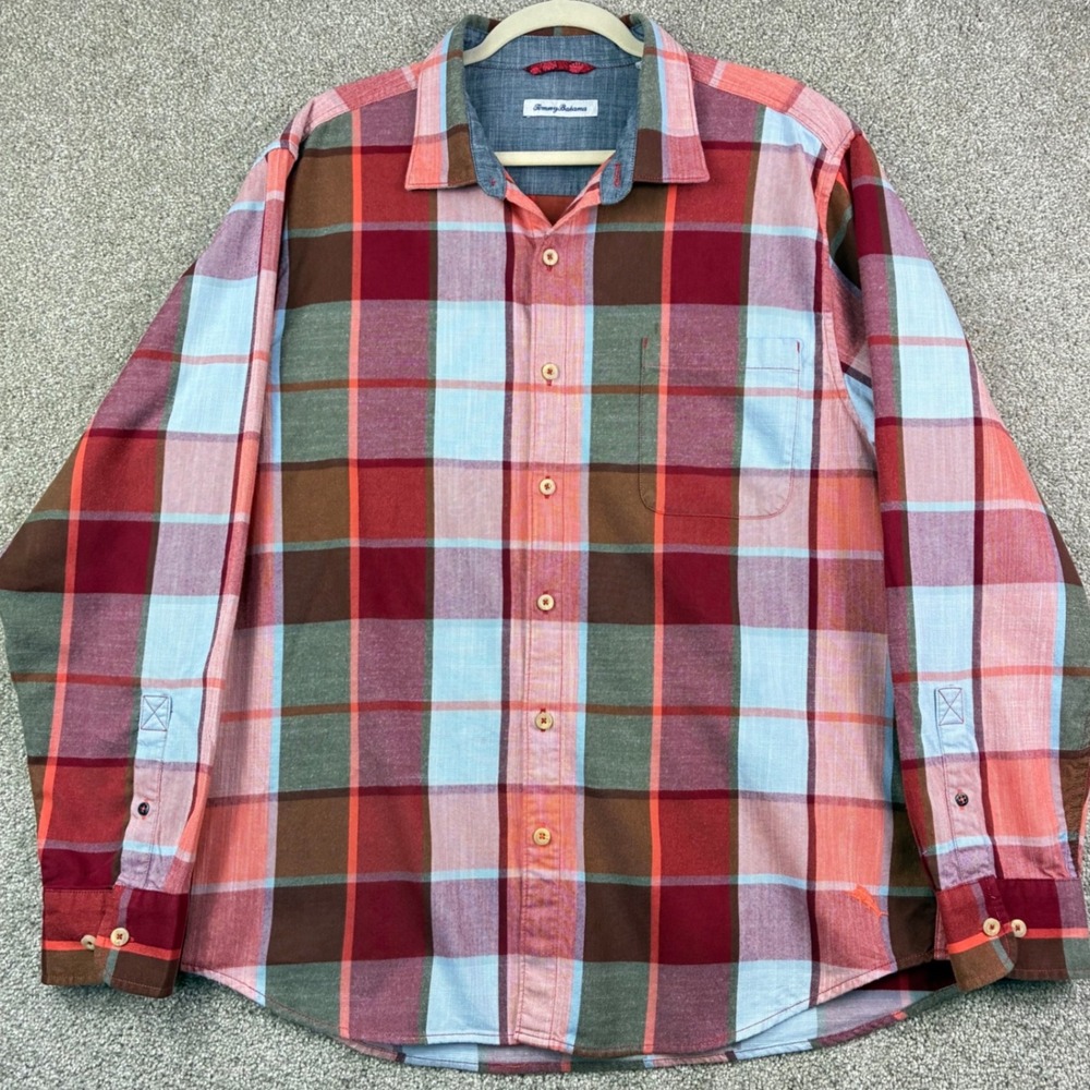 Tommy Bahama Size XL Madras Plaid Button Up Preppy Cotton Blend Classic Casual